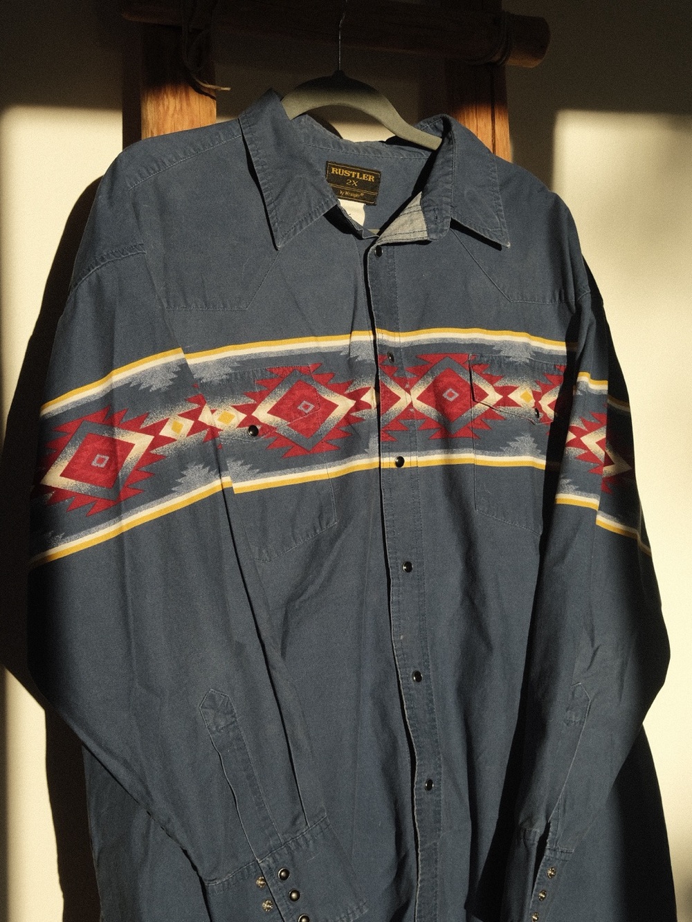 Wrangler Navy Shirt Jacket with Red Aztec Stripe